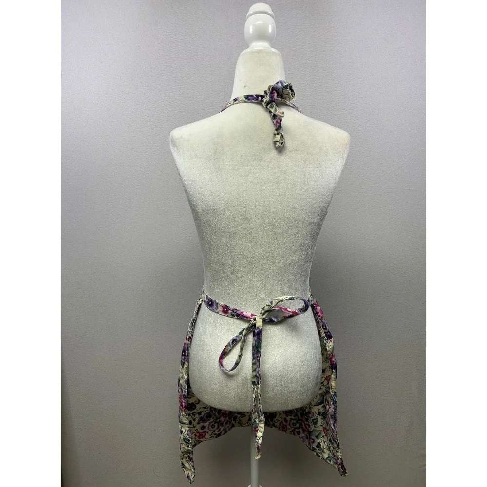 Cottagecore Grandma Womens Purple Floral Pansy Halter Neck Tie Waist Apron‎